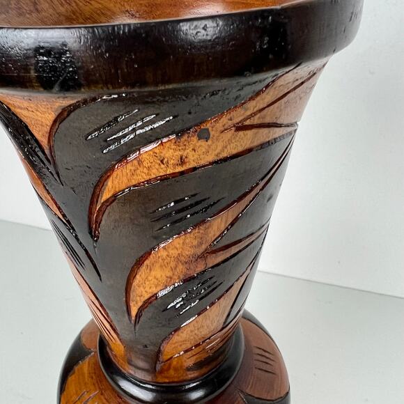 Vintage Hand Carved Wooden Vase Floral Leaves Made in Mexico 12.5" Boho - Picture 7 of 7